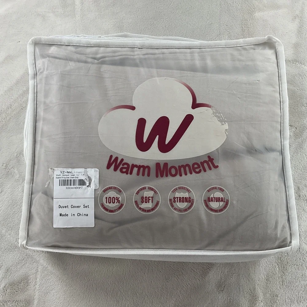 Warm Moment Super King Duvet Cover Set 100% Cotton Linen Grey 120x120 3pc